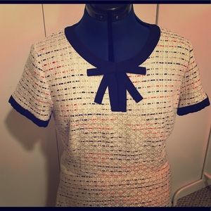 CeCe textured tweed cream blue red dress with tie